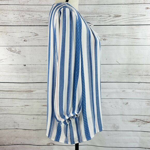 Style & Co Small Top 3/4 Puff Sleeves Tie Keyhole Neck Lightweight Striped New - Picture 4 of 9